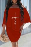 Red Casual Letters Patchwork Off Shoulder Wrapped Skirt Dresses
