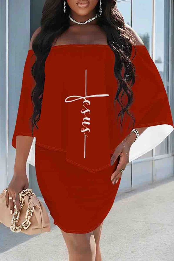 Red Casual Letters Patchwork Off Shoulder Wrapped Skirt Dresses