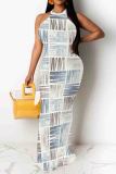 Blue Elegant Print Patchwork O Neck Long Dresses