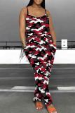 Blue Casual Print Patchwork Backless Spaghetti Strap Loose Jumpsuits