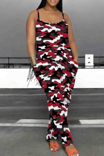 Red Casual Print Patchwork Backless Spaghetti Strap Loose Jumpsuits