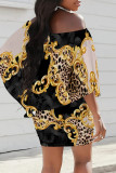 Gold Sexy Geometric Print Chain print Contrast Off Shoulder Printed Dresses