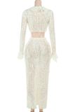 White Sexy Solid Color Patchwork Strap Design Ruffled Trim V Neck Long Sleeve Two Pieces
