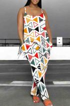 Orange Casual Print Patchwork Backless Spaghetti Strap Loose Jumpsuits