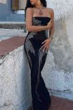 Black Sexy Patchwork Backless Slit Hot Drill Strapless Long Dresses