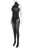 Black Sexy Hot Solid Color See-Through Turtleneck Sleeveless Two Pieces