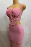 Pink Sexy Solid Color Patchwork See-Through Backless Square Neck Sleeveless Two Pieces