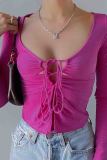 Rose Purple Sexy Solid Color Hollow Out Patchwork Strap Design V Neck Tops