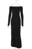 Black Elegant Solid Color Patchwork Backless Slit Off Shoulder Long Dresses