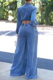 Blue Casual Solid Color Pocket Patchwork Strap Design Turndown Collar Long Sleeve Two Pieces