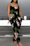 Beige Casual Floral Print Pocket U Neck Loose Jumpsuits