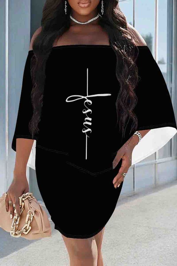 Black Casual Letters Patchwork Off Shoulder Wrapped Skirt Dresses