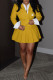 Yellow Daily Elegant Letter Print Buttons Patchwork Pleated Turndown Collar Long Sleeve Two Pieces