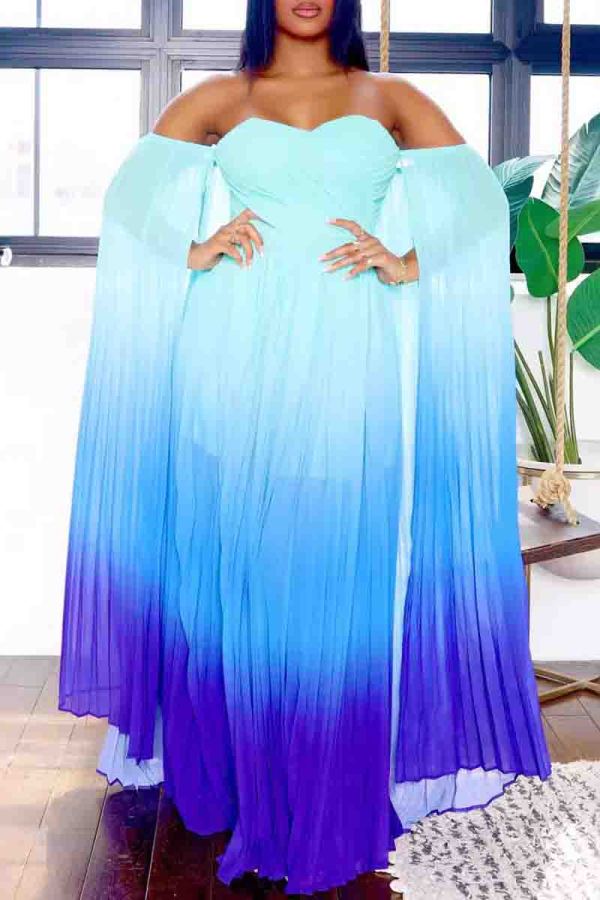 Blue Elegant Gradient Color Patchwork Backless Slit Off Shoulder Long Dresses