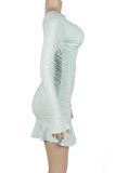 Blue Sexy Solid Color Patchwork Ruched V Neck Wrapped Skirt Dresses