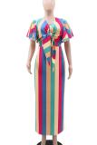 Multicolor Elegant Stripe Patchwork Strap Design O Neck Long Dresses