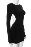 Black Sexy Solid Color Patchwork Backless O Neck Wrapped Skirt Dresses