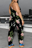 Beige Casual Floral Print Pocket U Neck Loose Jumpsuits