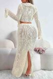 White Sexy Solid Color Patchwork Strap Design Ruffled Trim V Neck Long Sleeve Two Pieces