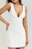 White Sexy Solid Color Patchwork Backless V Neck Wrapped Skirt Dresses