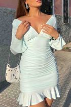 Blue Sexy Solid Color Patchwork Ruched V Neck Wrapped Skirt Dresses