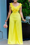 Yellow Casual Solid Color Patchwork Backless Spaghetti Strap Bodycon Jumpsuits