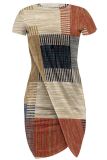 Blue Sexy Print Patchwork O Neck Wrapped Skirt Dresses