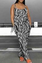 Black And White Casual Print Pocket Patchwork Backless Spaghetti Strap Loose Jumpsuits