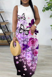 Deep Blue Casual Butterfly Print Basic O Neck Long Dresses