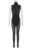 Black Sexy Hot Solid Color See-Through Turtleneck Sleeveless Two Pieces