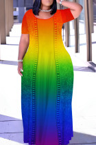 Gradient Color Casual Print Basic O Neck Long Plus Size Dresses