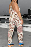 Beige Casual Floral Print Pocket U Neck Loose Jumpsuits