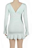 Blue Sexy Solid Color Patchwork Ruched V Neck Wrapped Skirt Dresses