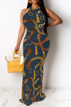 Dark Blue Elegant Striped Print Flowers Contrast O Neck One Step Skirt Dresses