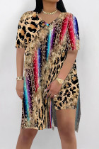Leopard Print Casual Street Leopard Print Chain print Slit Contrast V Neck Short Sleeve Two Pieces