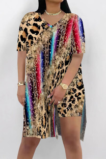 Leopard Print Casual Street Leopard Print Chain print Slit Contrast V Neck Short Sleeve Two Pieces