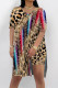 Leopard Print Casual Street Leopard Print Chain print Slit Contrast V Neck Short Sleeve Two Pieces