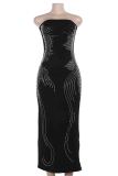 Black Sexy Patchwork Backless Slit Hot Drill Strapless Long Dresses