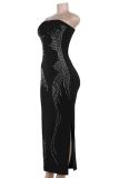 Black Sexy Patchwork Backless Slit Hot Drill Strapless Long Dresses