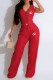 Red Casual Letter Print Pocket Buttons V Neck Sleeveless Two Pieces