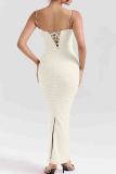 Light Apricot Sexy Solid Color Patchwork Backless Cross Straps Slit Spaghetti Strap Sling Dresses