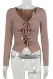 Rose Purple Sexy Solid Color Hollow Out Patchwork Strap Design V Neck Tops