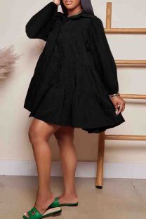 Black Casual Solid Color Buttons Patchwork Turndown Collar Ball Gown Dresses