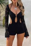 Black Sexy Solid Color Lace Hollow Out Patchwork Strap Design Halter Skinny Rompers