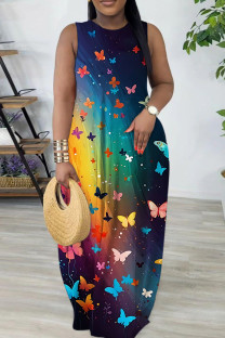 Deep Blue Casual Butterfly Print Basic O Neck Long Dresses