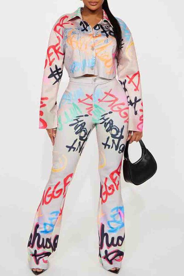 Grey Casual Print Buckle Patchwork Turndown Collar Long Sleeve Two Pieces
