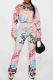 Grey Casual Print Buckle Patchwork Turndown Collar Long Sleeve Two Pieces