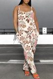 Beige Casual Floral Print Pocket U Neck Loose Jumpsuits