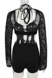 Black Sexy Solid Color Lace Hollow Out Patchwork Strap Design Halter Skinny Rompers