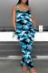 Blue Casual Print Patchwork Backless Spaghetti Strap Loose Jumpsuits